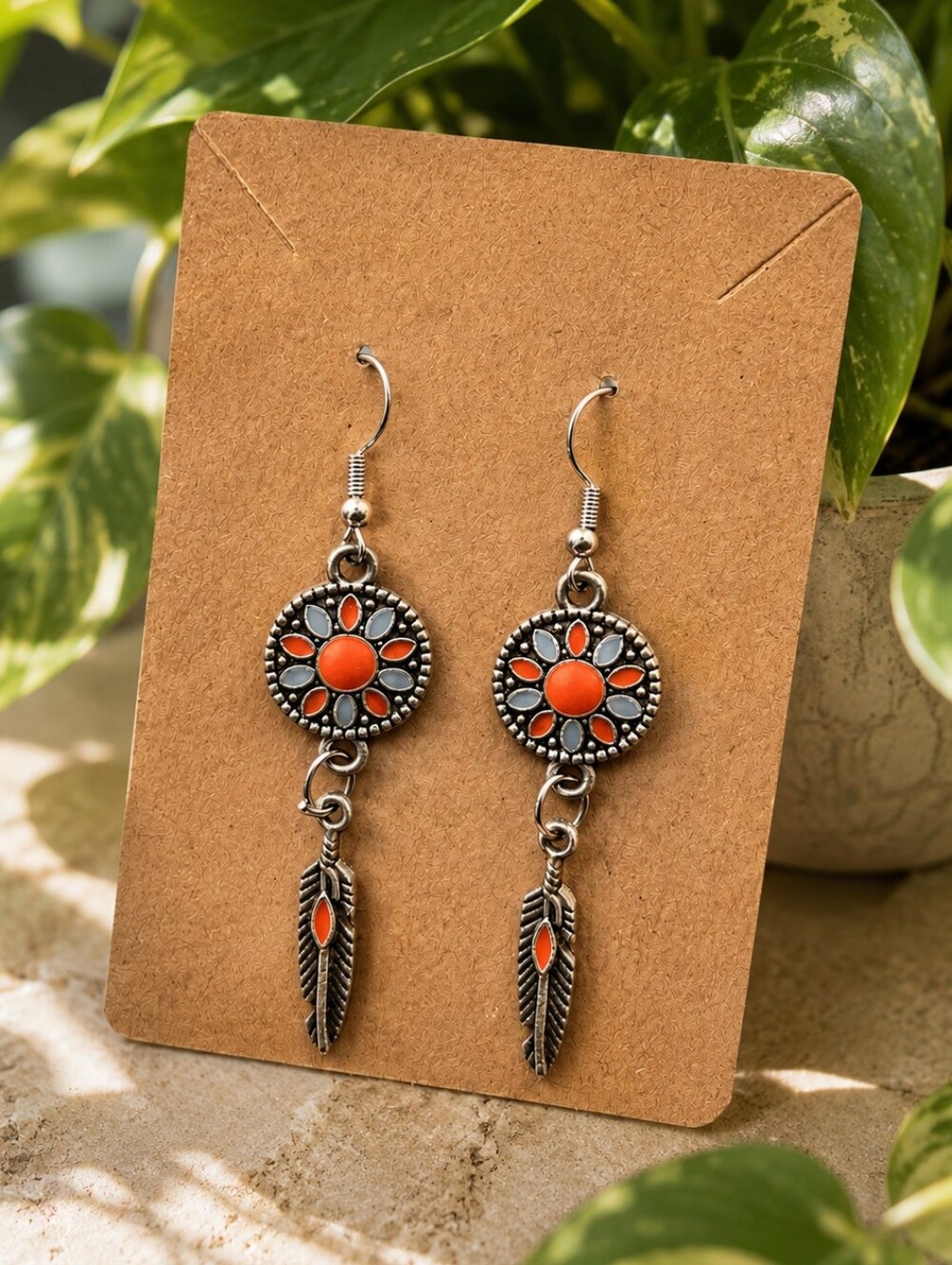 Feather Dangle Earrings | Orange & Gray Boho Earrings | Rustic